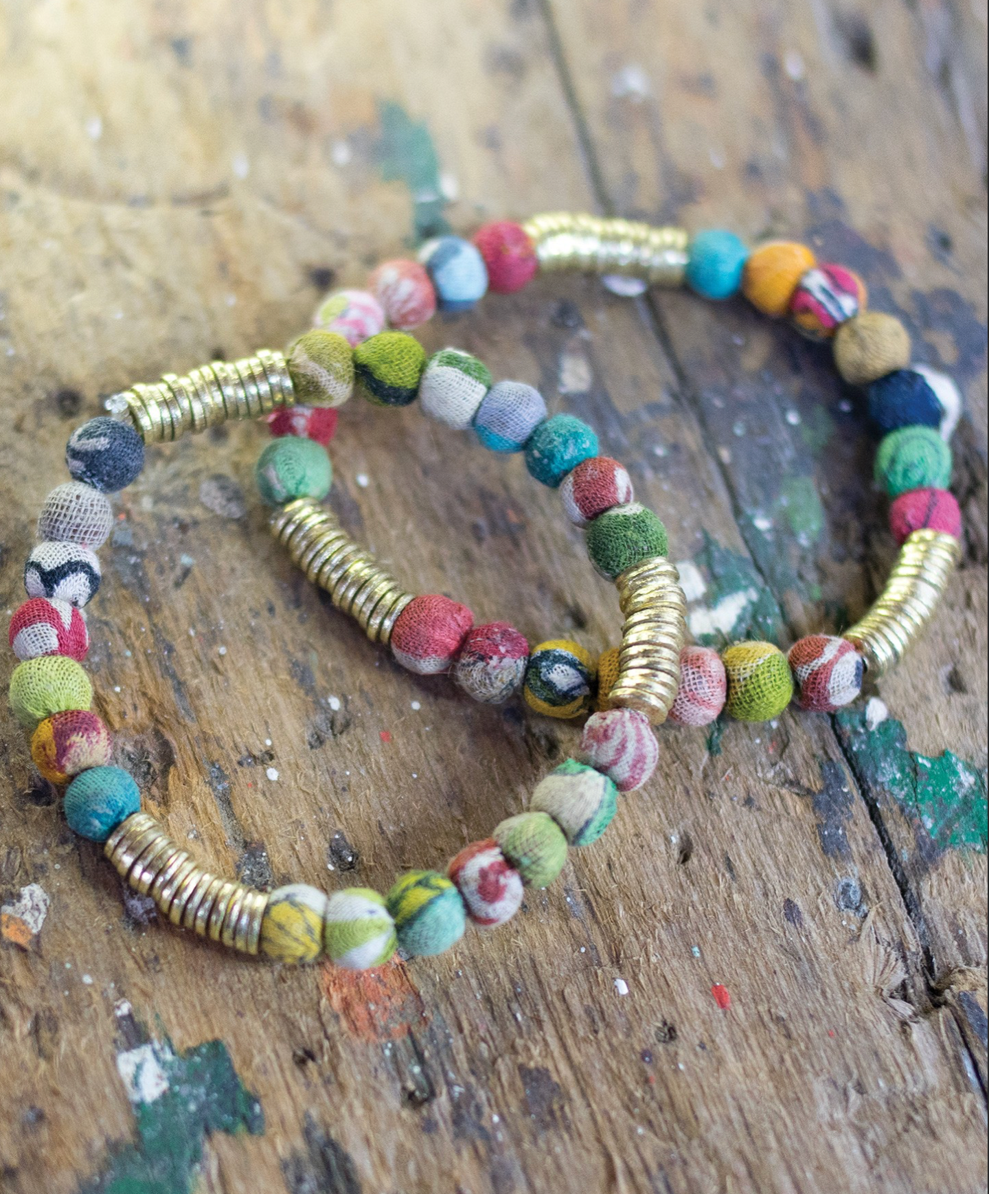 Rainbow Whisper fabric bracelet (gold disk stack)