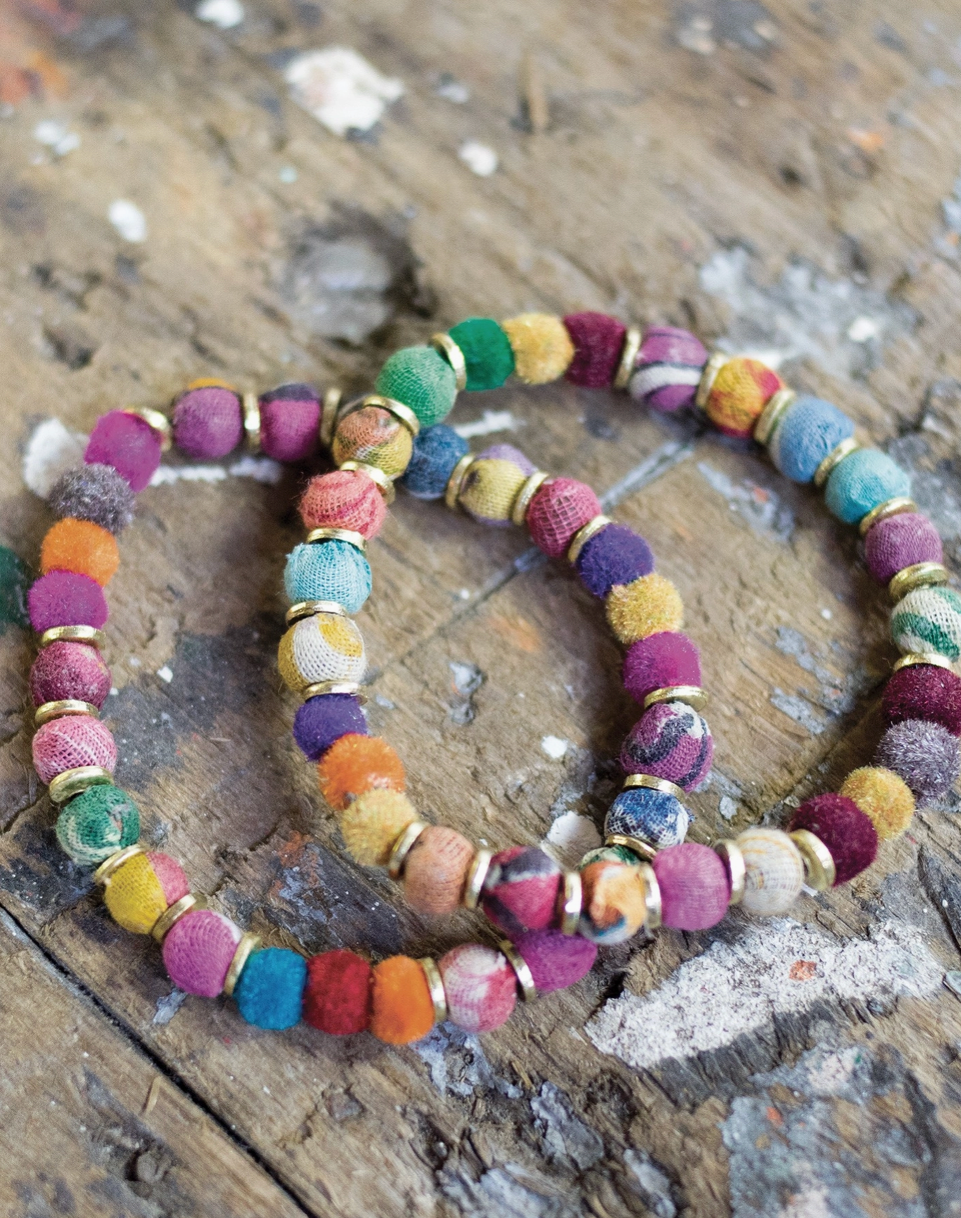 Rainbow Whisper fabric bracelet (gold disk stack)