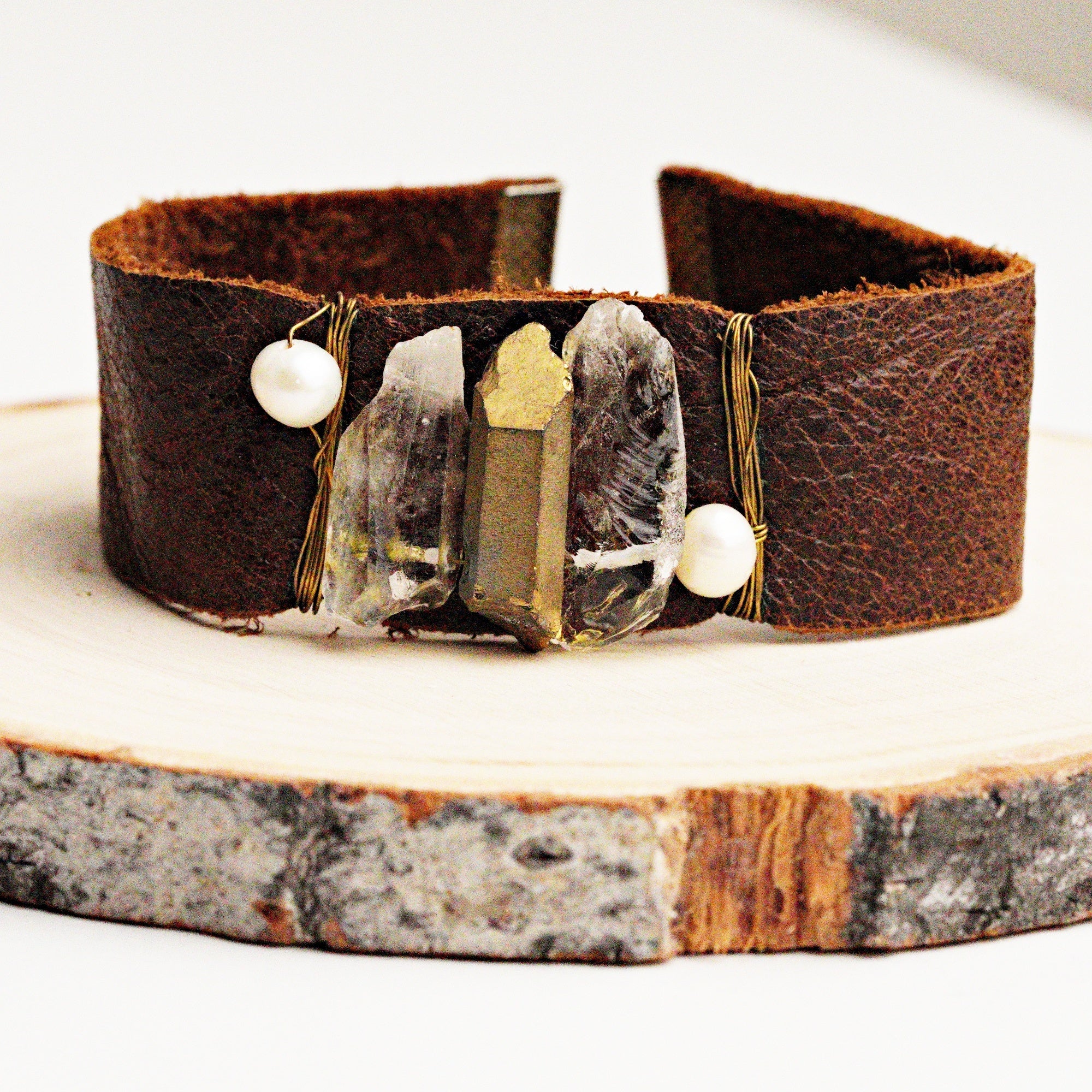 Leather Stone and Pearl Bracelet