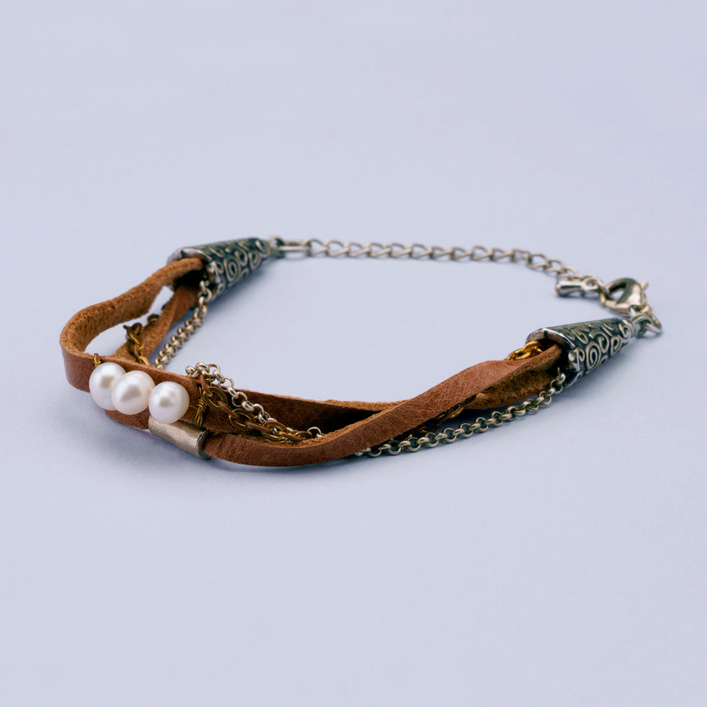 Leather, Chain and Pearl Bracelet