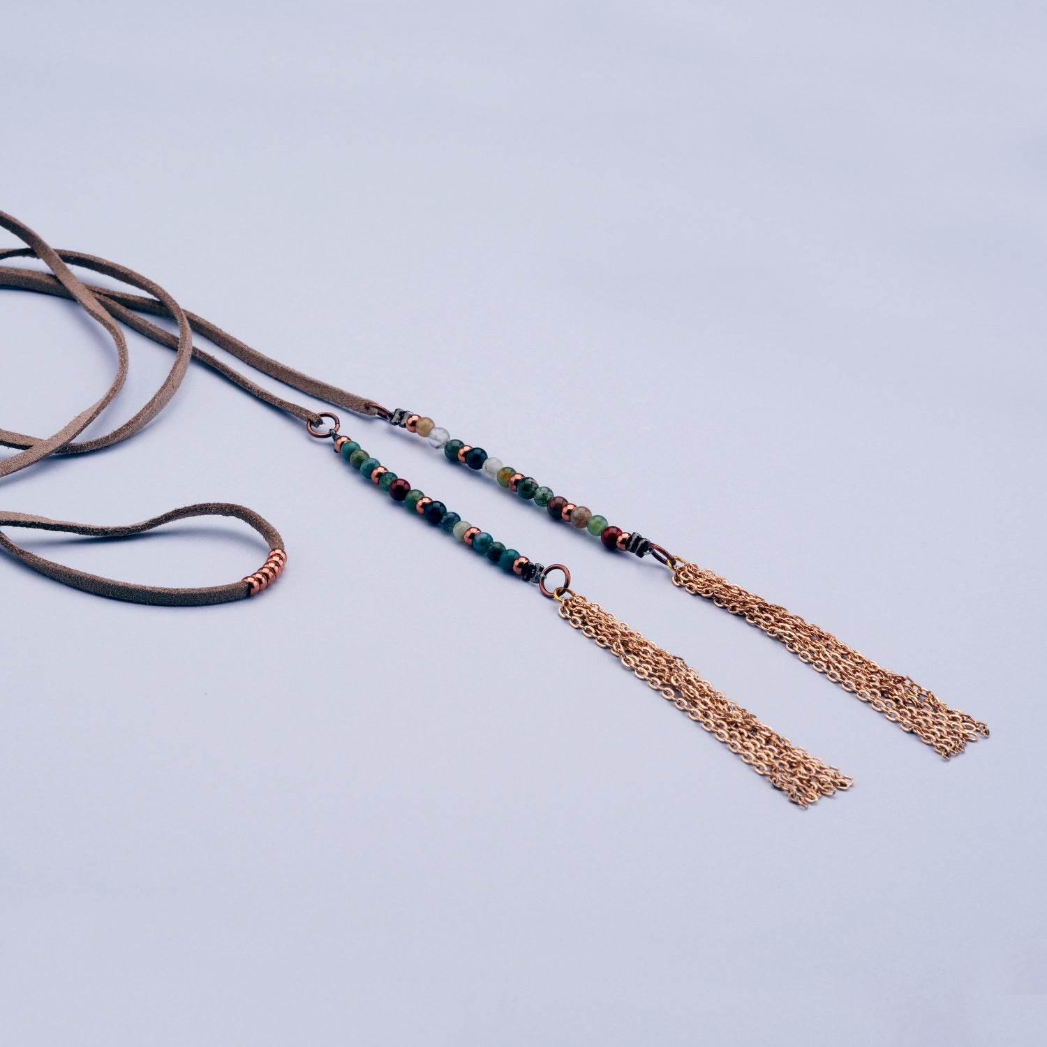 Long Leather, Bead and Chain Necklace