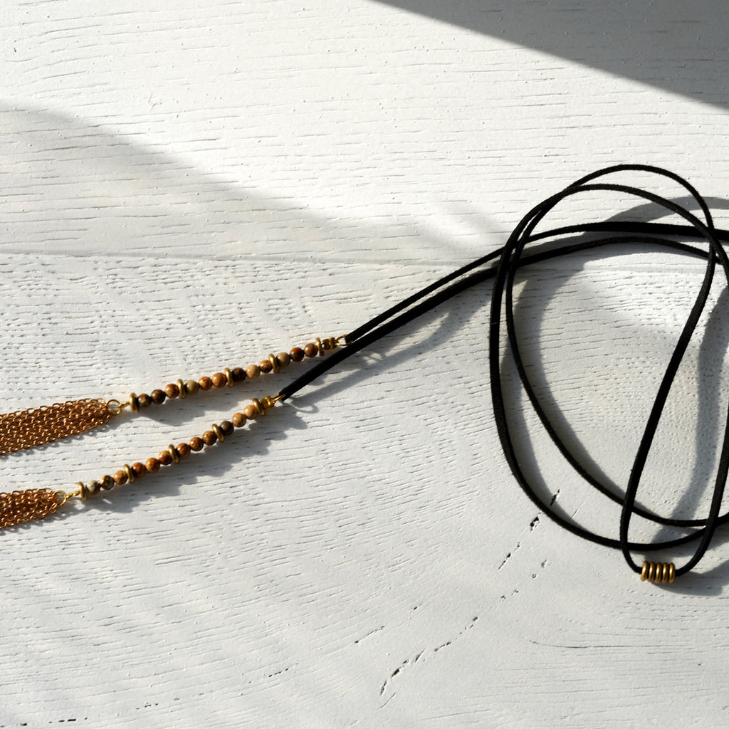 Long Leather, Bead and Chain Necklace